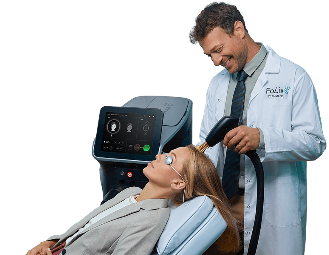 a woman is going hair loss treatment procedure with FoLix device.