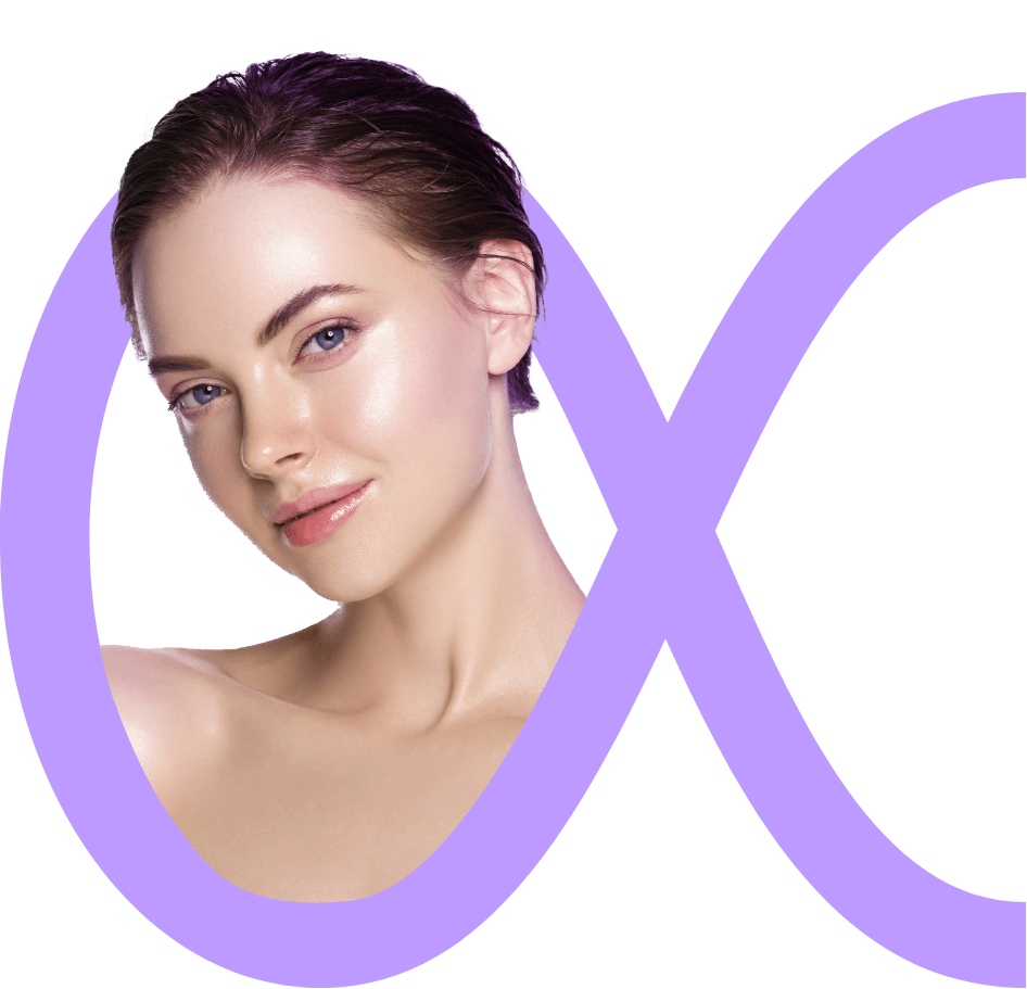 a woman with smooth skin and blue eyes.